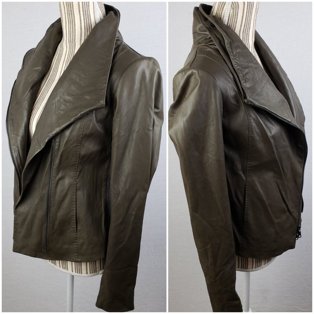 VINCE Leather Scuba Jacket Biker Lustrous Asymmetrical Minimalist Taupe Gray M - Picture 16 of 16
